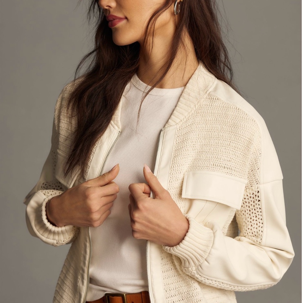 NWT Anthropologie Crocheted Cream Bomber Jacket size M